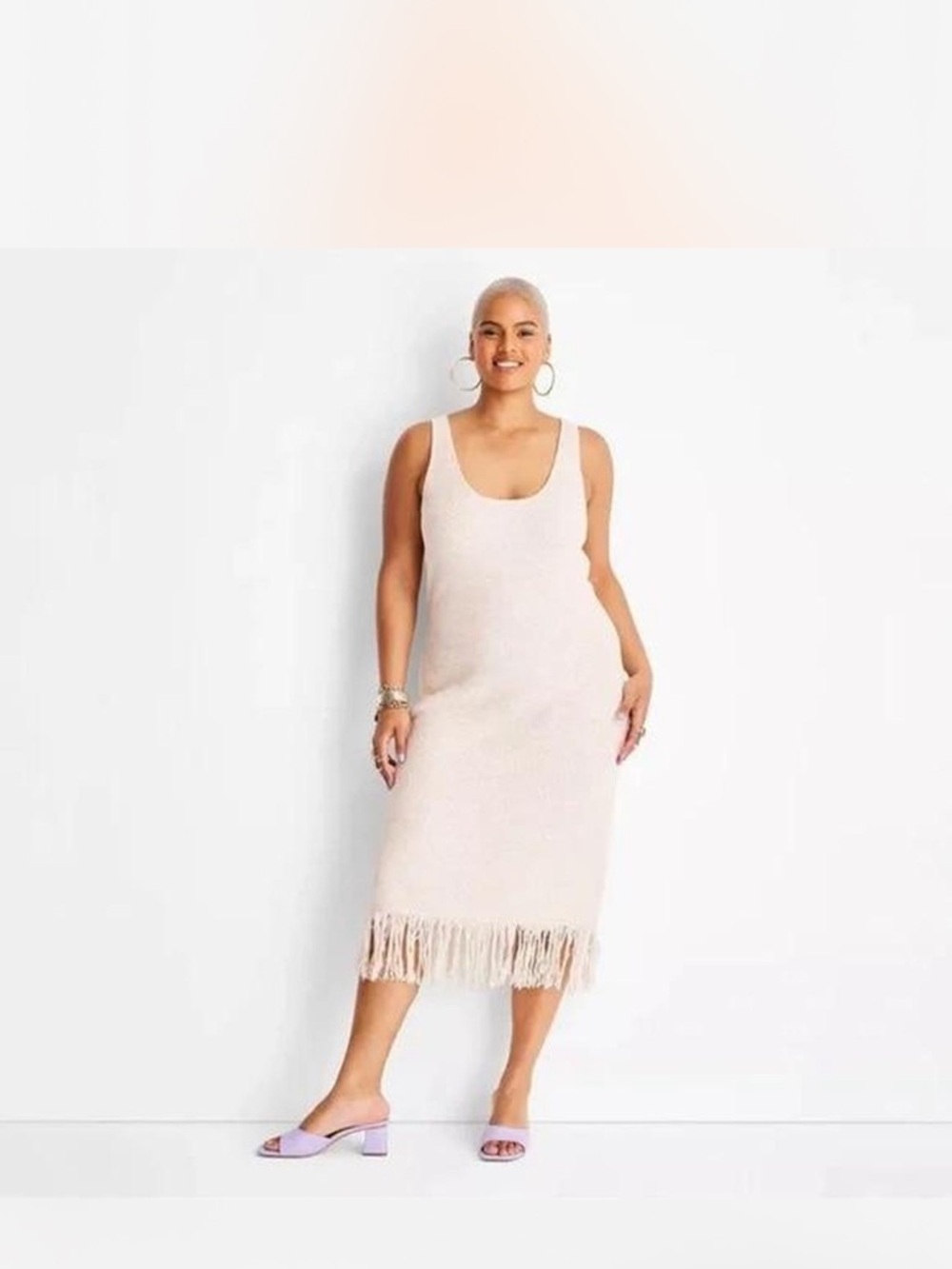 Alani Noelle Cream Tank Fringe Knit Midi Dress